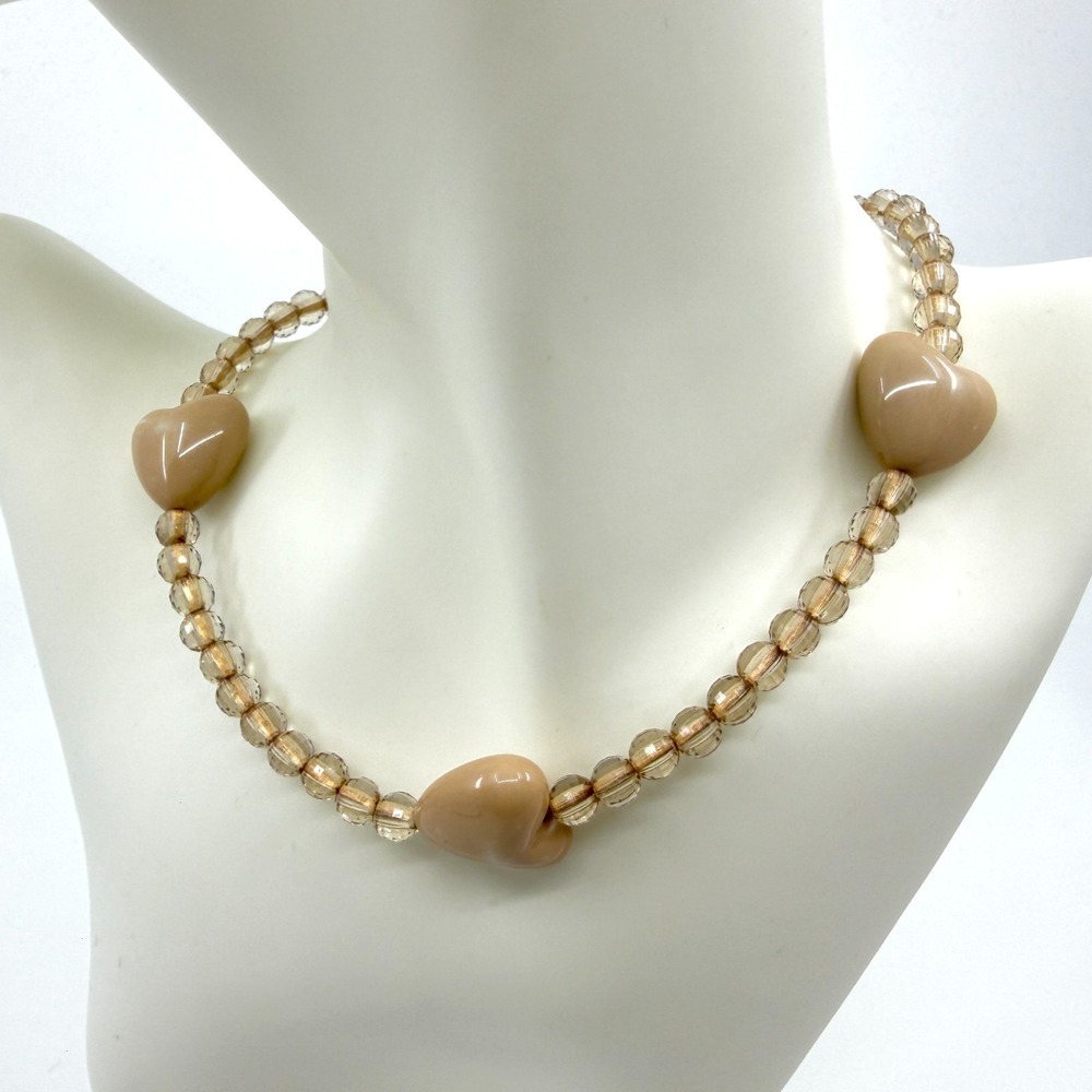 Y2K Beaded Heart Charm Necklace Beige Crystal Accents Minimalist Jewelry Gift